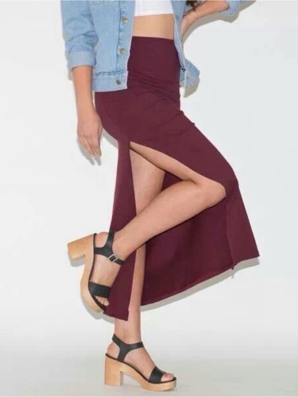 American Apparel High-Slit Maxi Skirt in Burgundy